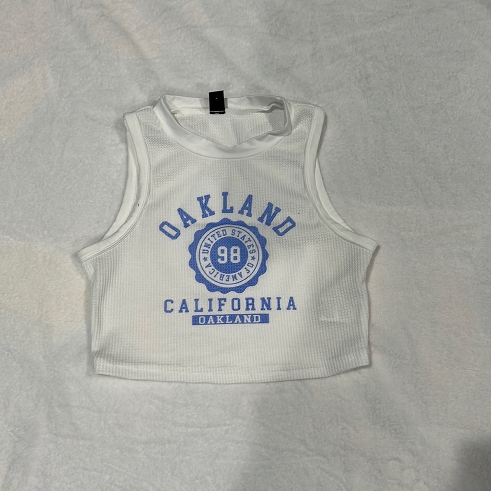 White tank top, blue printed letters, size L from Shein